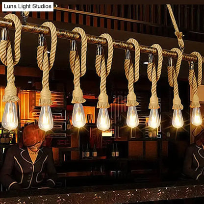 Industrial hemp rope wood chandelier dining room light fixture
