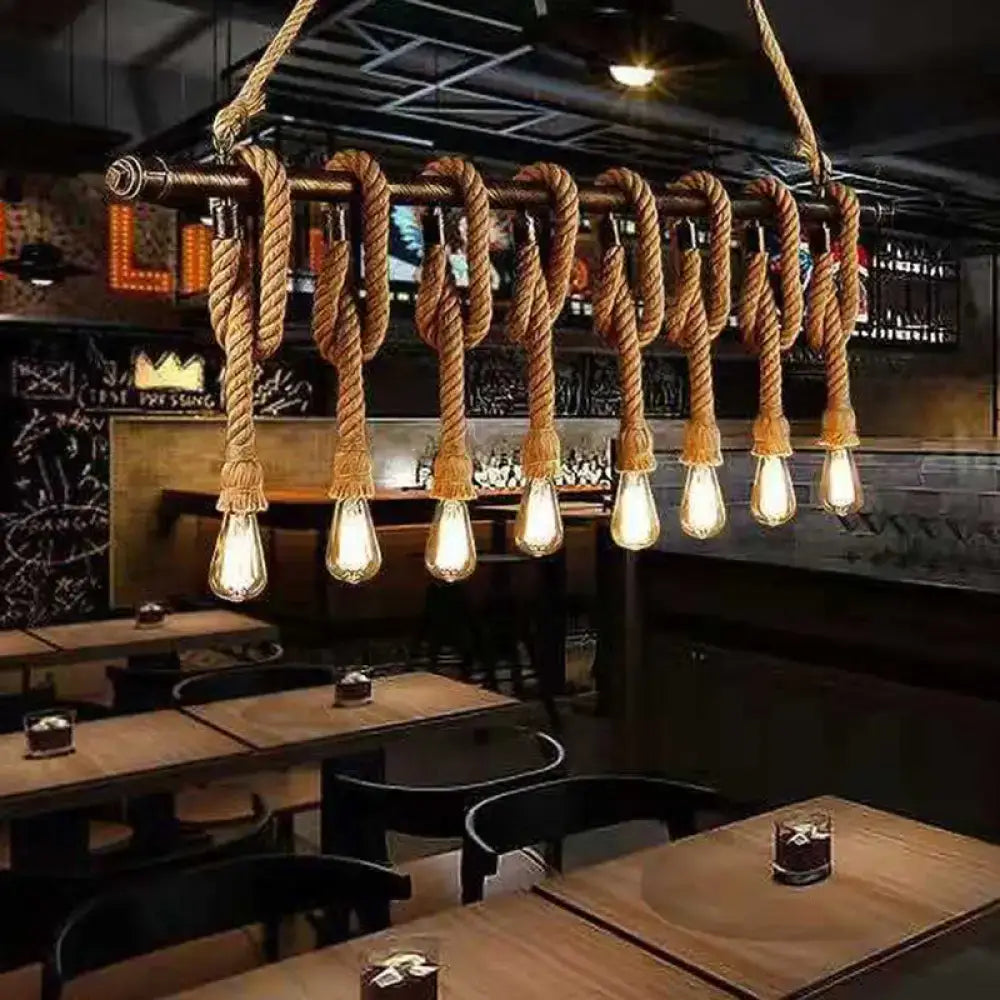 Industrial hemp rope wood chandelier dining room light fixture