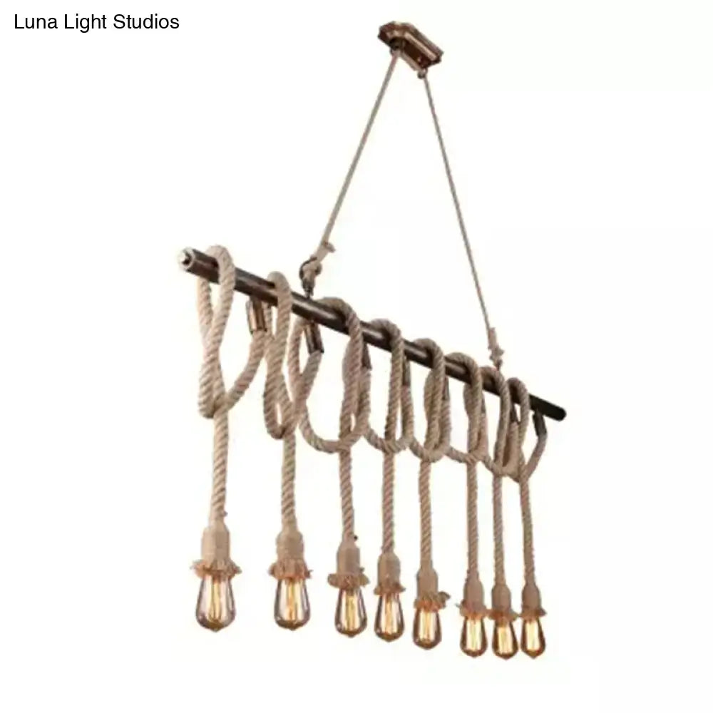 Industrial hemp rope wood chandelier dining room light fixture