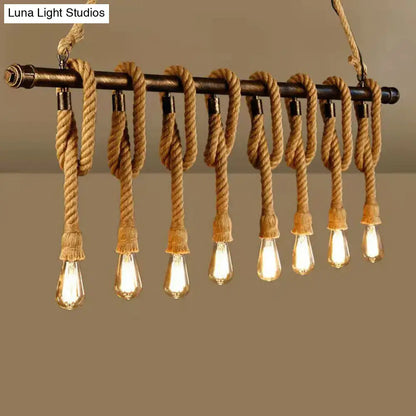 Industrial hemp rope wood chandelier dining room light fixture