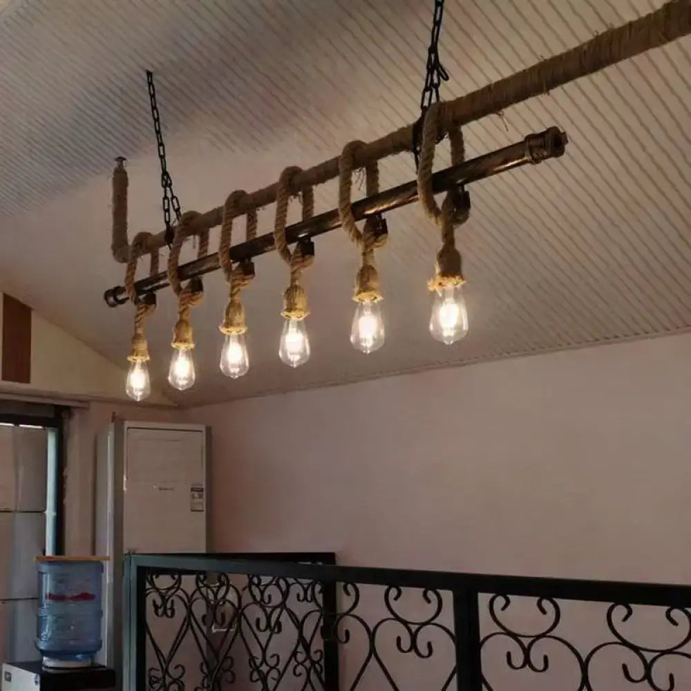 Industrial hemp rope wood chandelier dining room light fixture