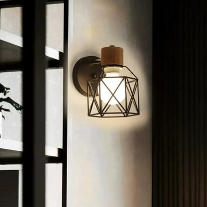 Industrial iron cage wall light bedroom black metal sconce