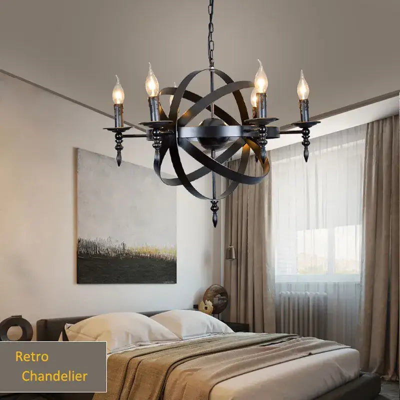 Industrial iron chandelier retro black globe light for living room