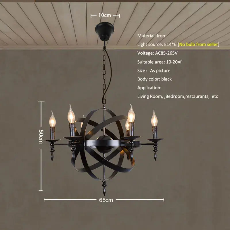 Industrial iron chandelier retro black globe light for living room