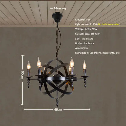 Industrial iron chandelier retro black globe light for living room