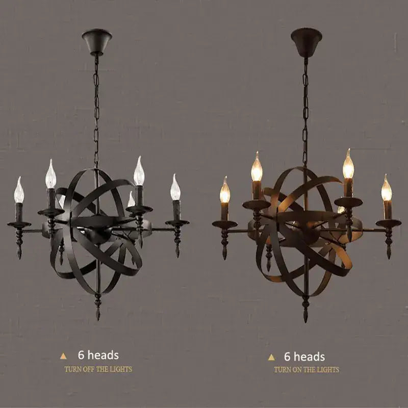 Industrial iron chandelier retro black globe light for living room
