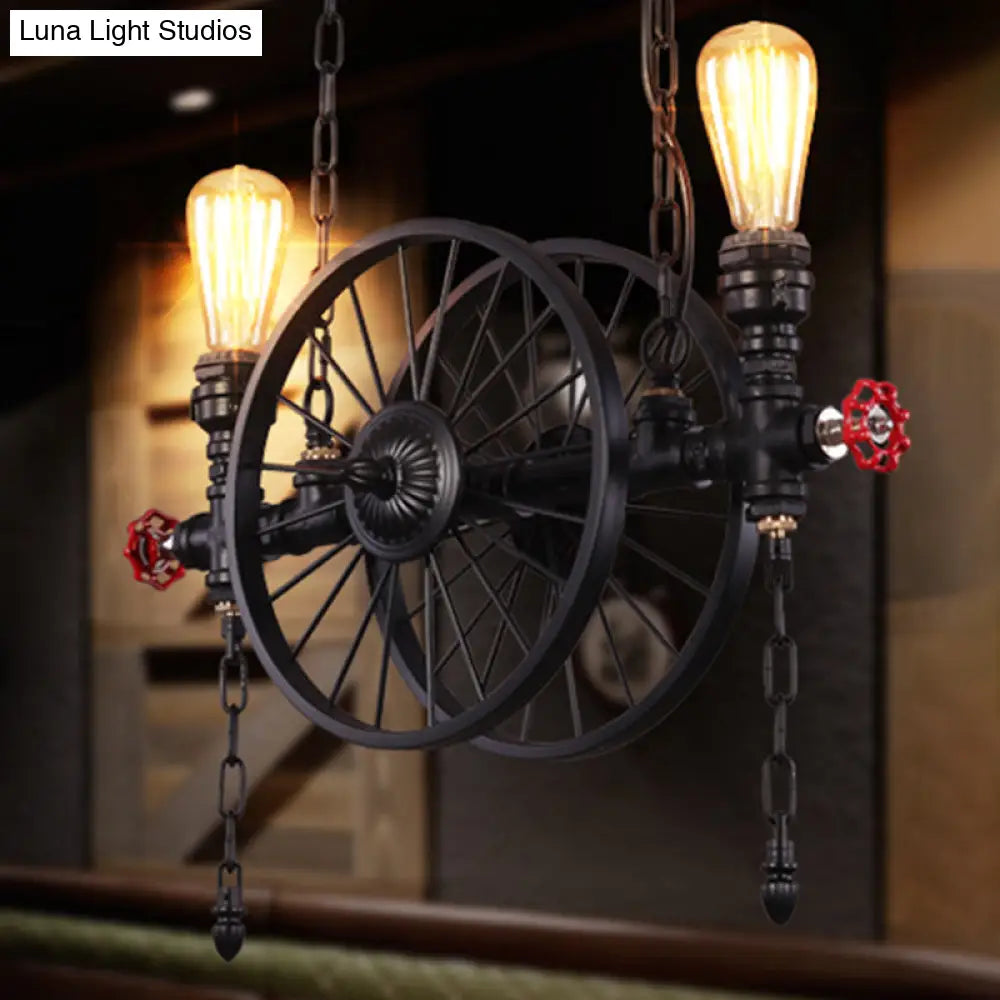 DecorBites™ Industrial Iron Hanging Light Fixture - Wheel Piping, 2/3/4 Heads, Black - for Living Room Island