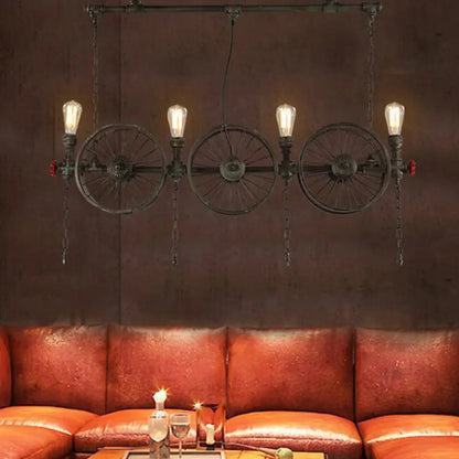 DecorBites™ Industrial Iron Hanging Light Fixture - Wheel Piping, 2/3/4 Heads, Black - for Living Room Island