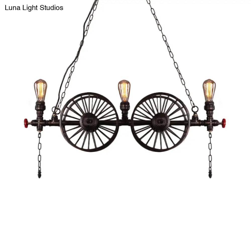 DecorBites™ Industrial Iron Hanging Light Fixture - Wheel Piping, 2/3/4 Heads, Black - for Living Room Island
