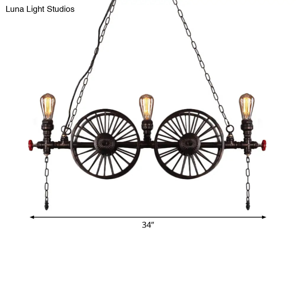 DecorBites™ Industrial Iron Hanging Light Fixture - Wheel Piping, 2/3/4 Heads, Black - for Living Room Island