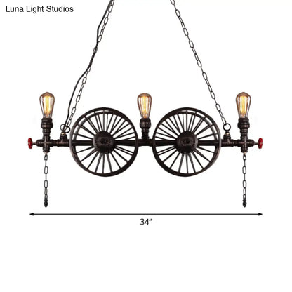 DecorBites™ Industrial Iron Hanging Light Fixture - Wheel Piping, 2/3/4 Heads, Black - for Living Room Island