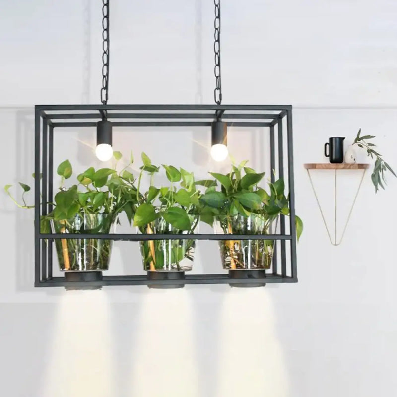 DecorBites™ Industrial Iron Island Lamp with 3 Pendant Lights and Glass Plant Pot