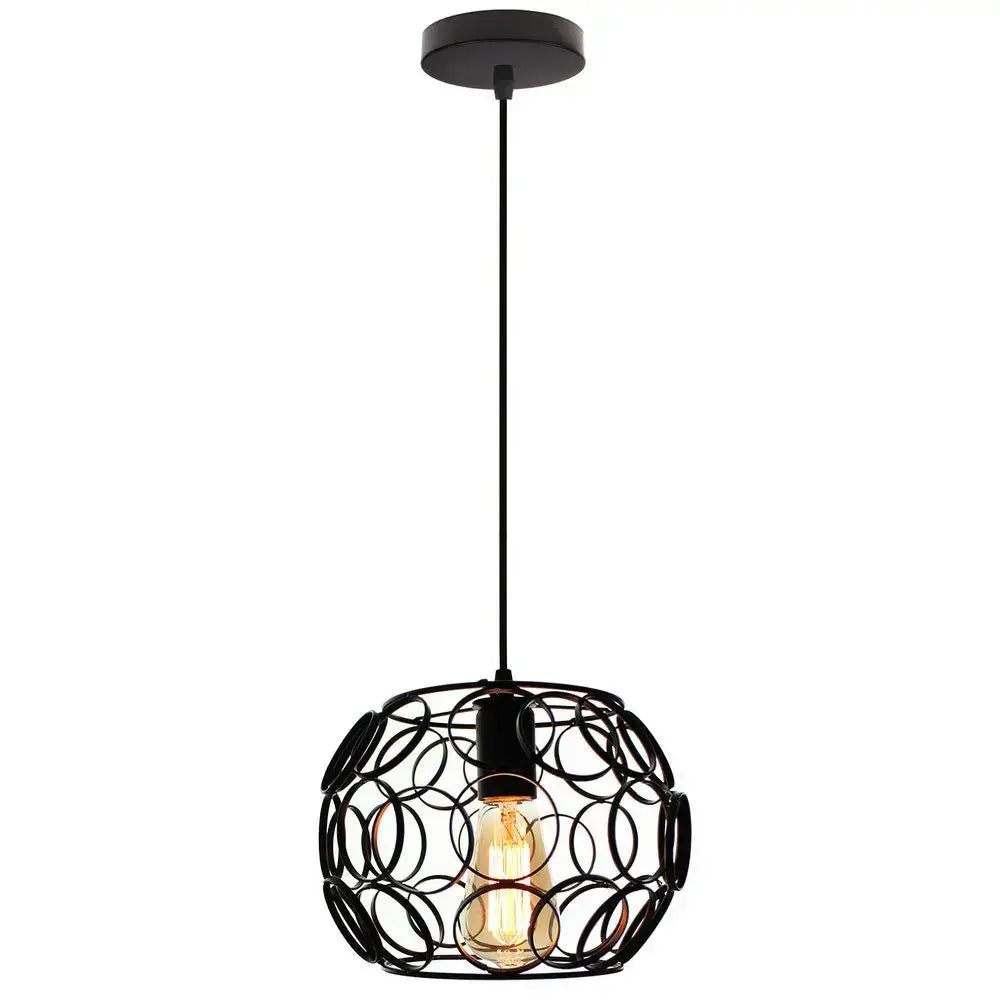 Industrial iron pendant lights black & white wireframe dining room