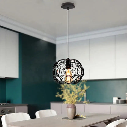 Industrial iron pendant lights black & white wireframe dining room