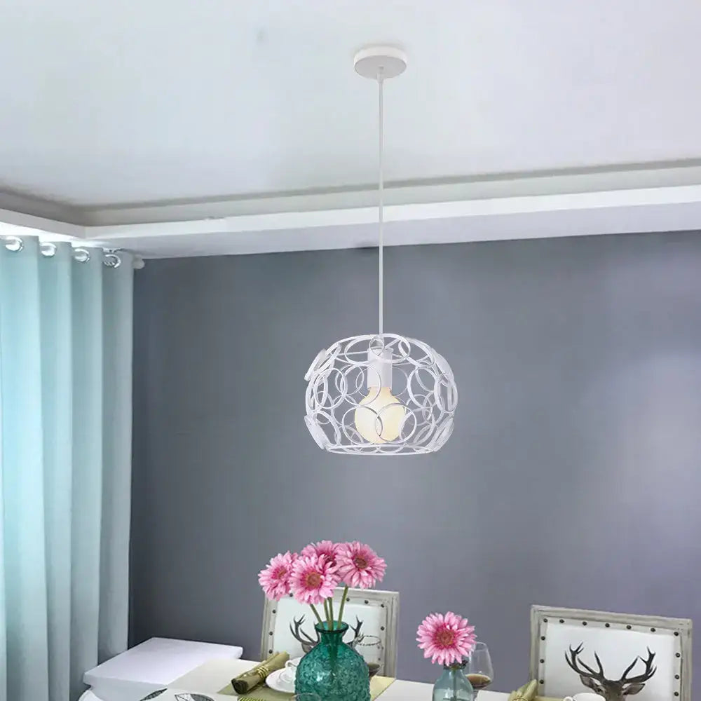 Industrial iron pendant lights black & white wireframe dining room