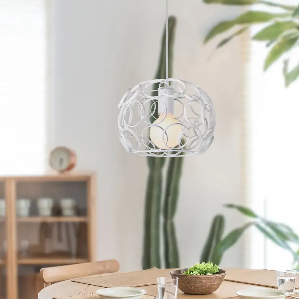 Industrial iron pendant lights black & white wireframe dining room