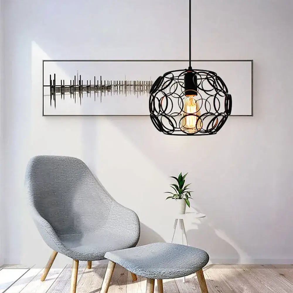 Industrial iron pendant lights black & white wireframe dining room