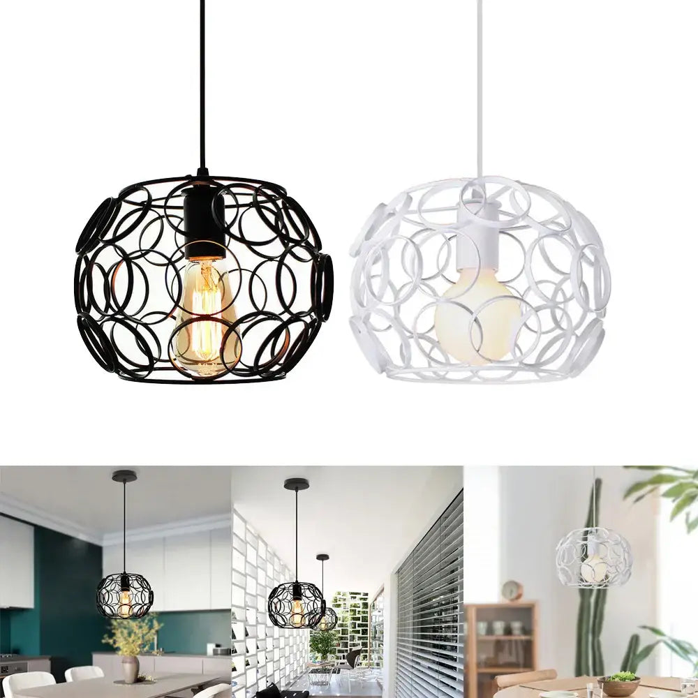 Industrial iron pendant lights black & white wireframe dining room