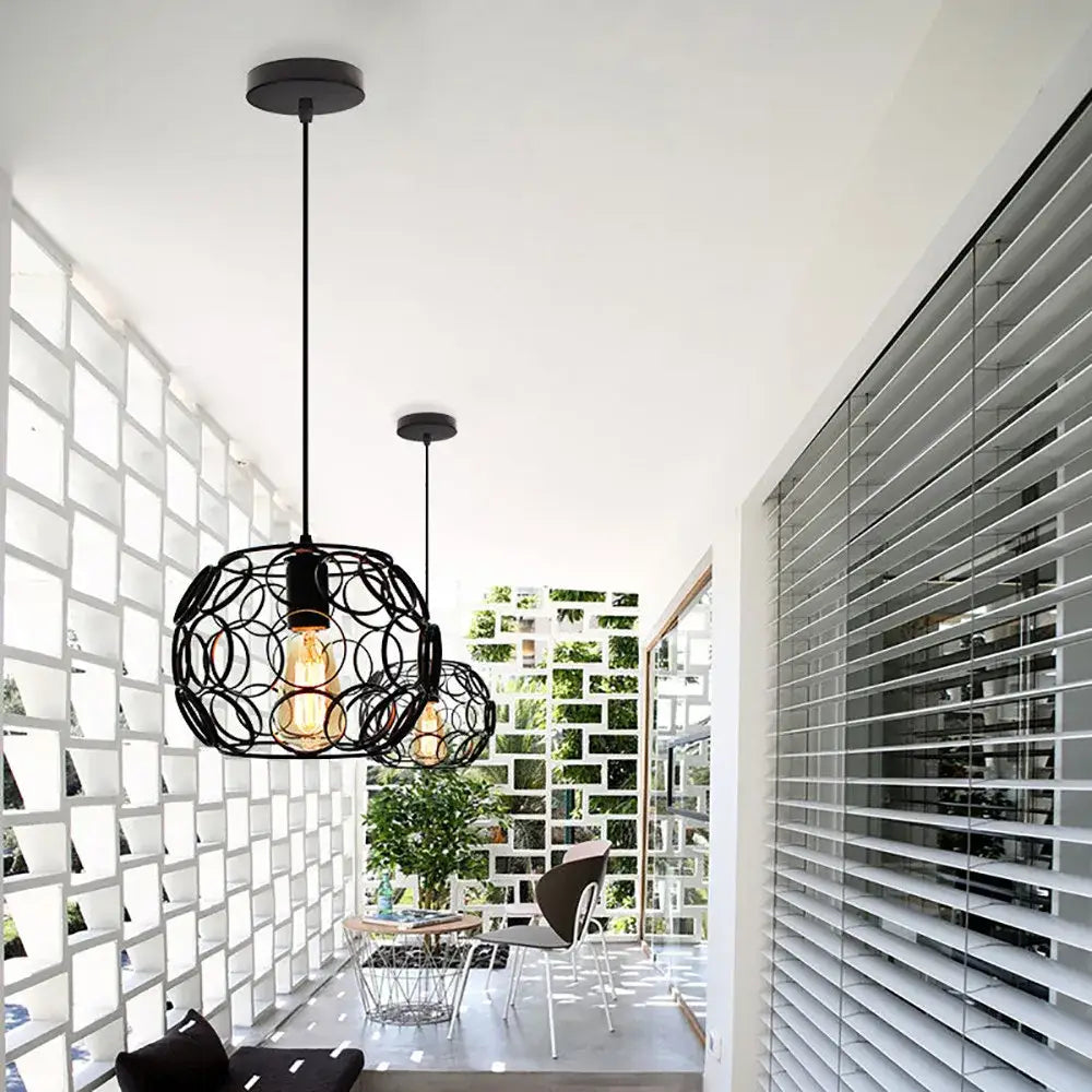 Industrial iron pendant lights black & white wireframe dining room