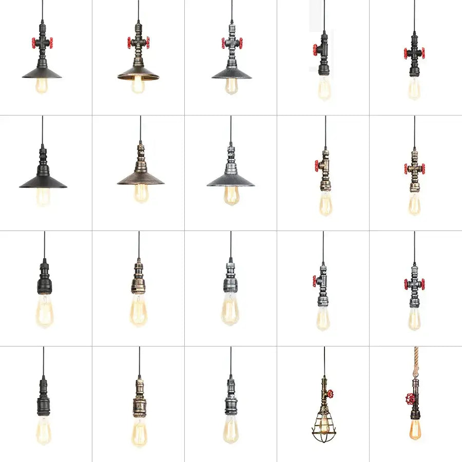 Industrial iron pipe pendant light kitchen black & brass with valve