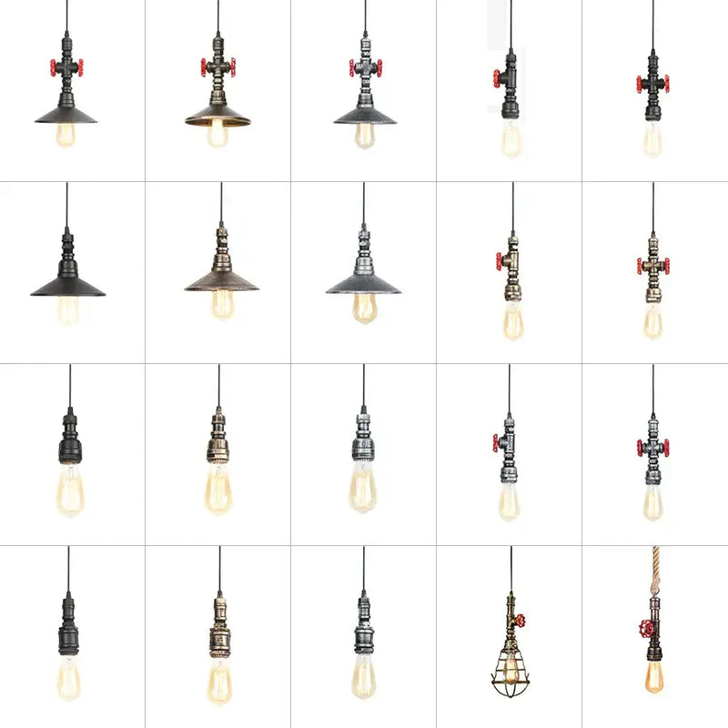Industrial iron pipe pendant light kitchen black & brass with valve