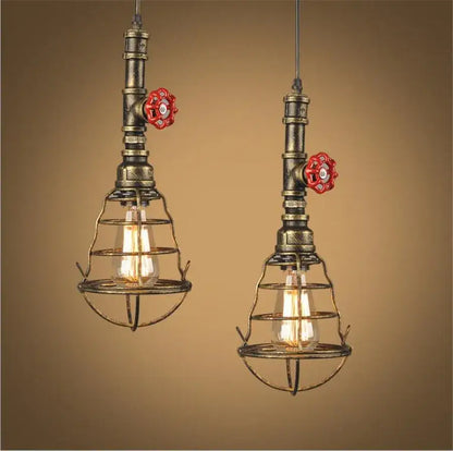 Industrial iron pipe pendant light kitchen black & brass with valve
