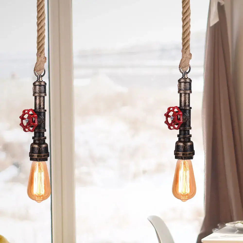 Industrial iron pipe pendant light with rope for dining room