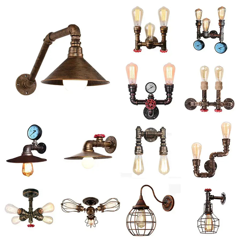 Industrial iron rust water pipe wall lights – living room sconce