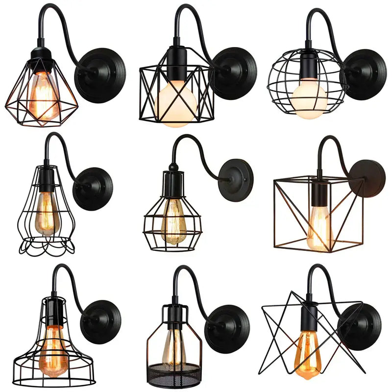 Industrial iron wall sconce black cage light bedroom fixture