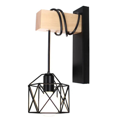 Industrial iron wall sconce with wooden pulley for cafe decor