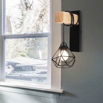 Industrial iron wall sconce with wooden pulley for cafe decor