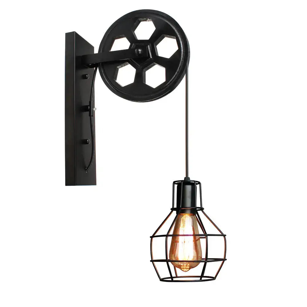 Industrial iron wall sconce with wooden pulley for cafe decor