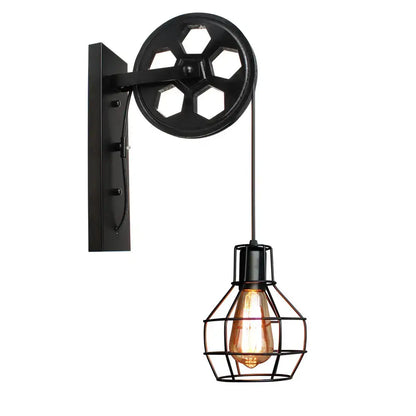 Industrial iron wall sconce with wooden pulley for cafe decor
