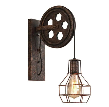 Industrial iron wall sconce with wooden pulley for cafe decor