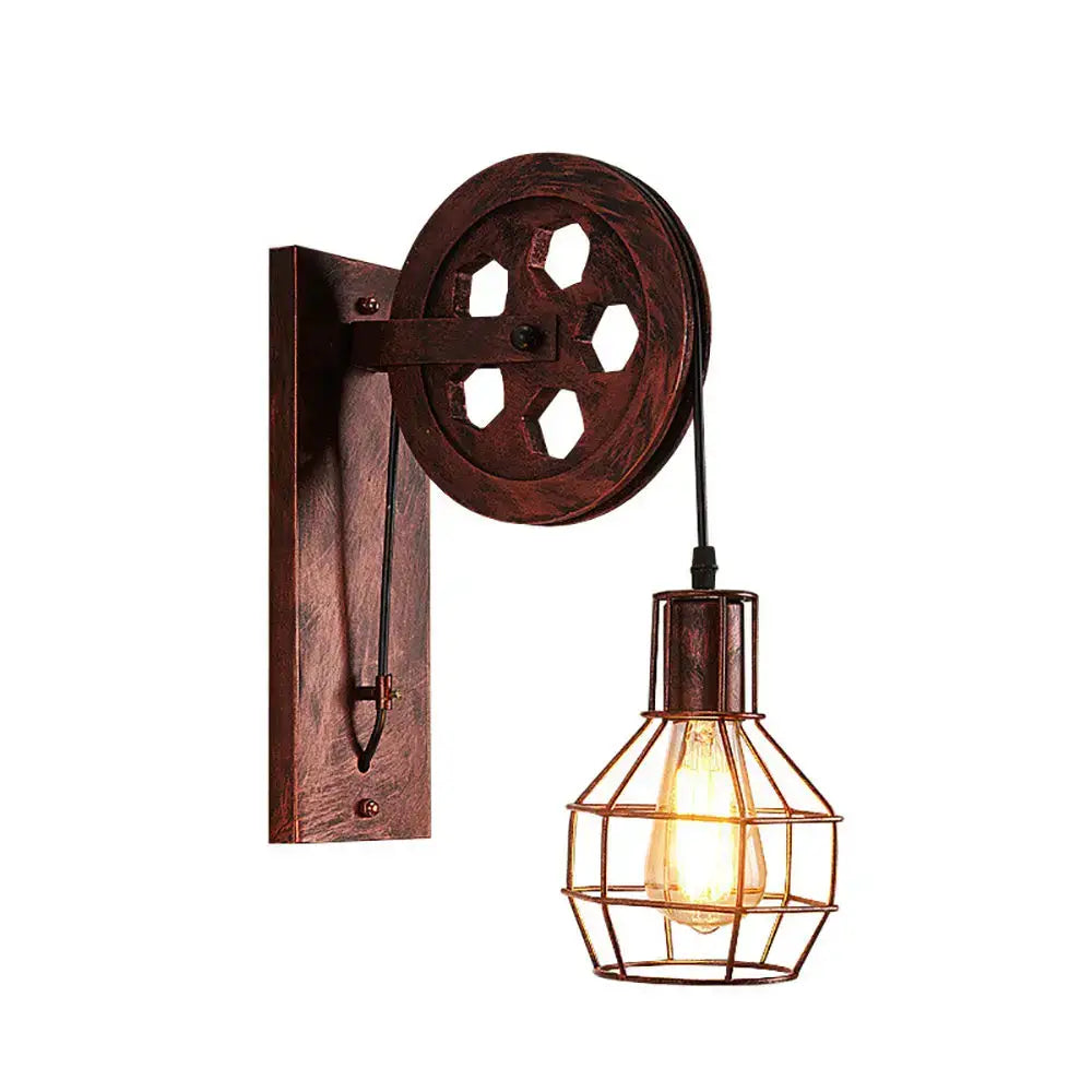 Industrial iron wall sconce with wooden pulley for cafe decor