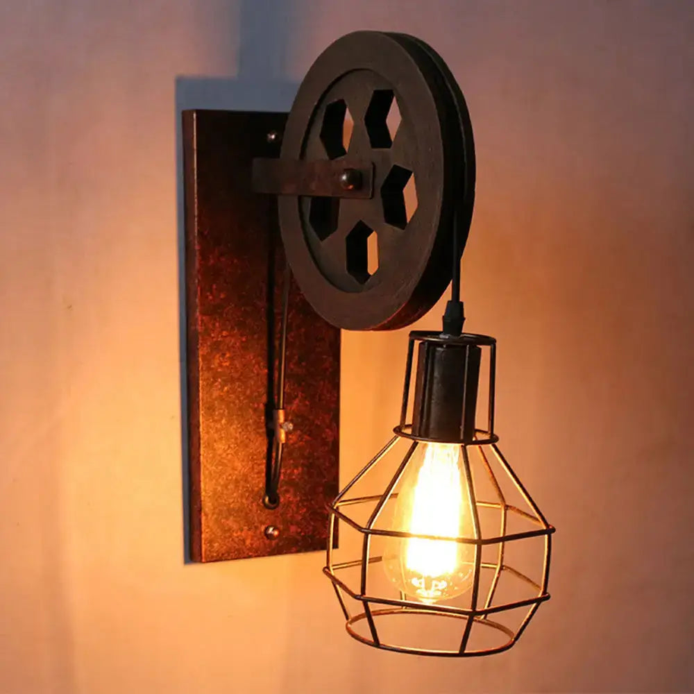 Industrial iron wall sconce with wooden pulley for cafe decor