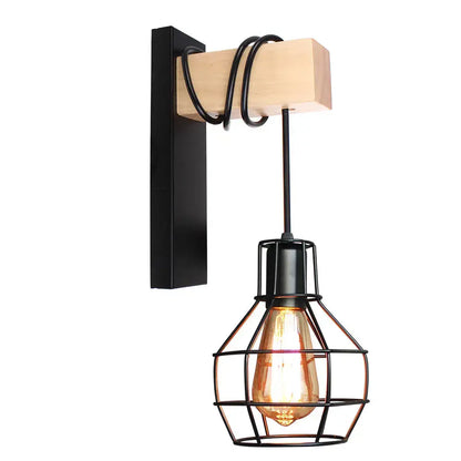 Industrial iron wall sconce with wooden pulley for cafe decor