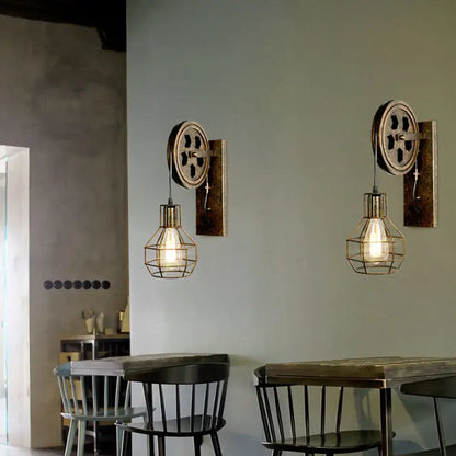 Industrial iron wall sconce with wooden pulley for cafe decor