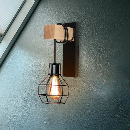 Industrial iron wall sconce with wooden pulley for cafe decor