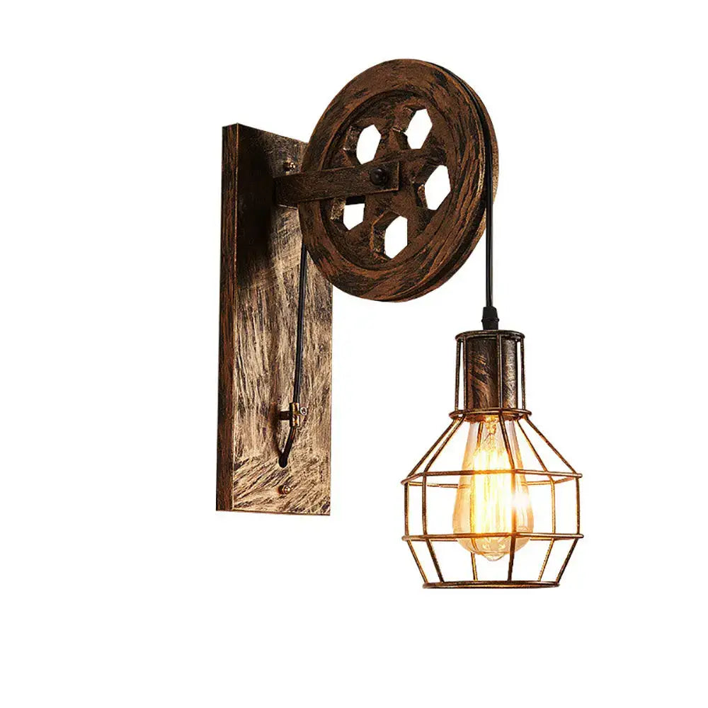 Industrial iron wall sconce with wooden pulley for cafe decor