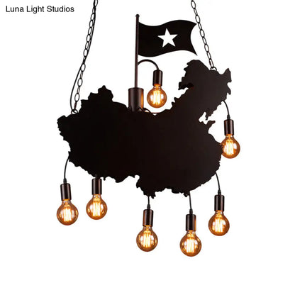 DecorBites™ Industrial Island Pendant Lamp - Iron Panel Black Hanging Light Kit - 7 Bulbs - Map and Flag Shape