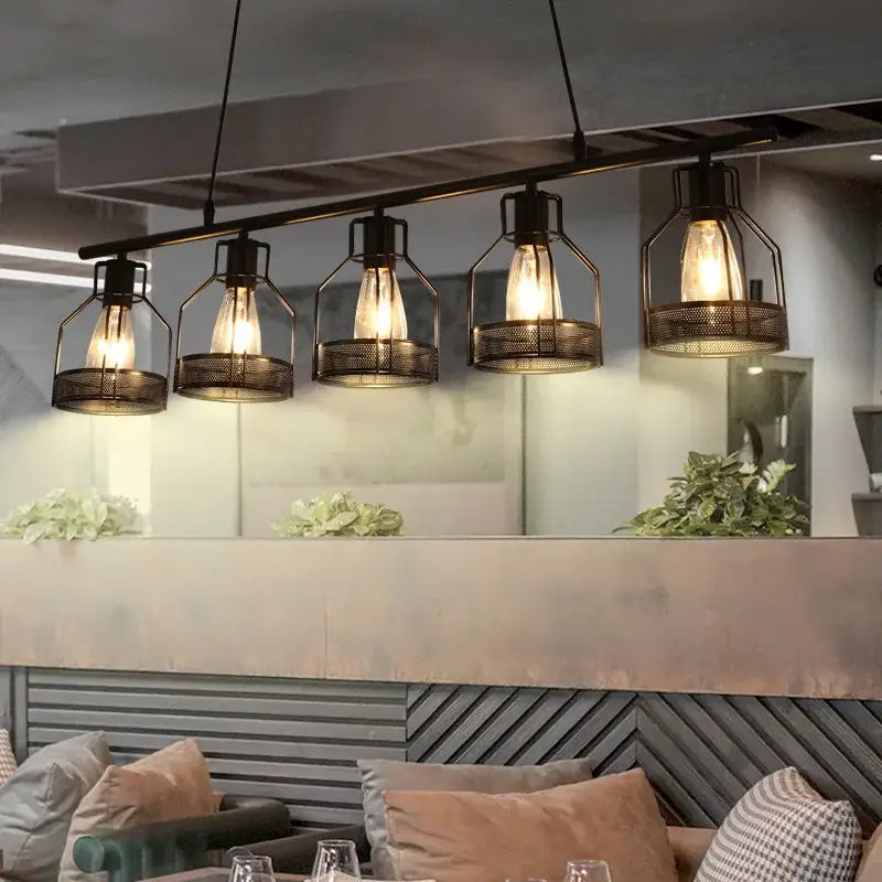 Industrial loft chandelier black metal mesh cage dining room light