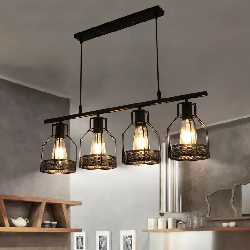 Industrial loft chandelier black metal mesh cage dining room light