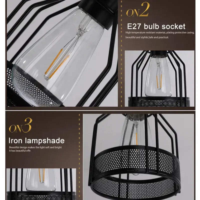 Industrial loft chandelier black metal mesh cage dining room light