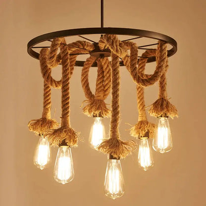 Industrial loft chandelier natural rope pendant light dining room