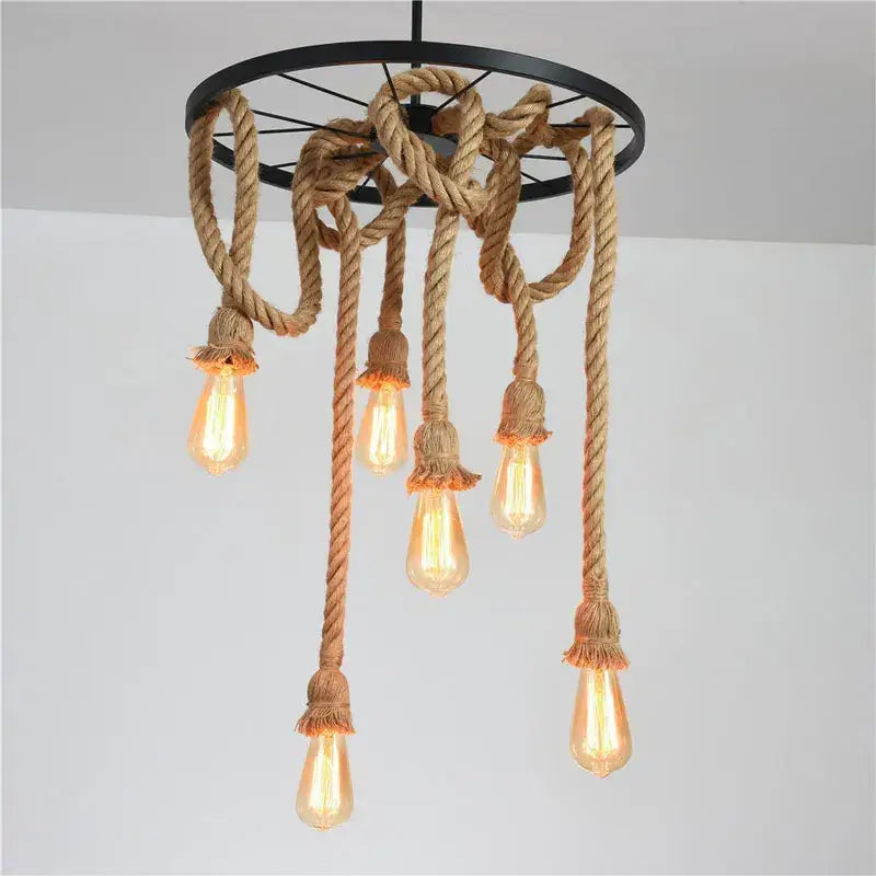 Industrial loft chandelier natural rope pendant light dining room