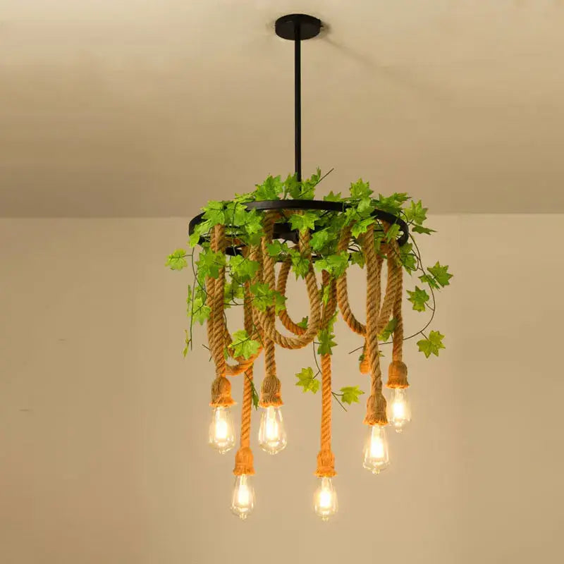 Industrial loft chandelier natural rope pendant light dining room