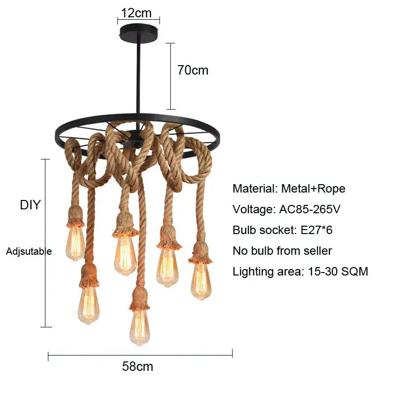 Industrial loft chandelier natural rope pendant light dining room