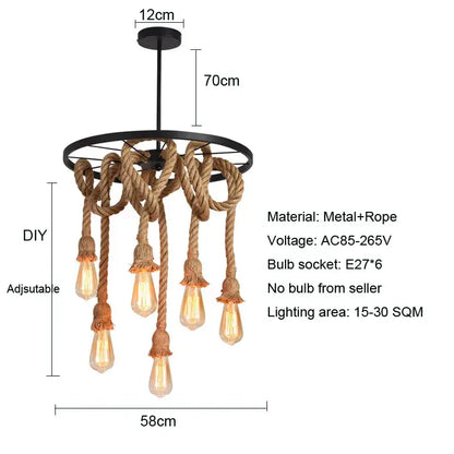 Industrial loft chandelier natural rope pendant light dining room