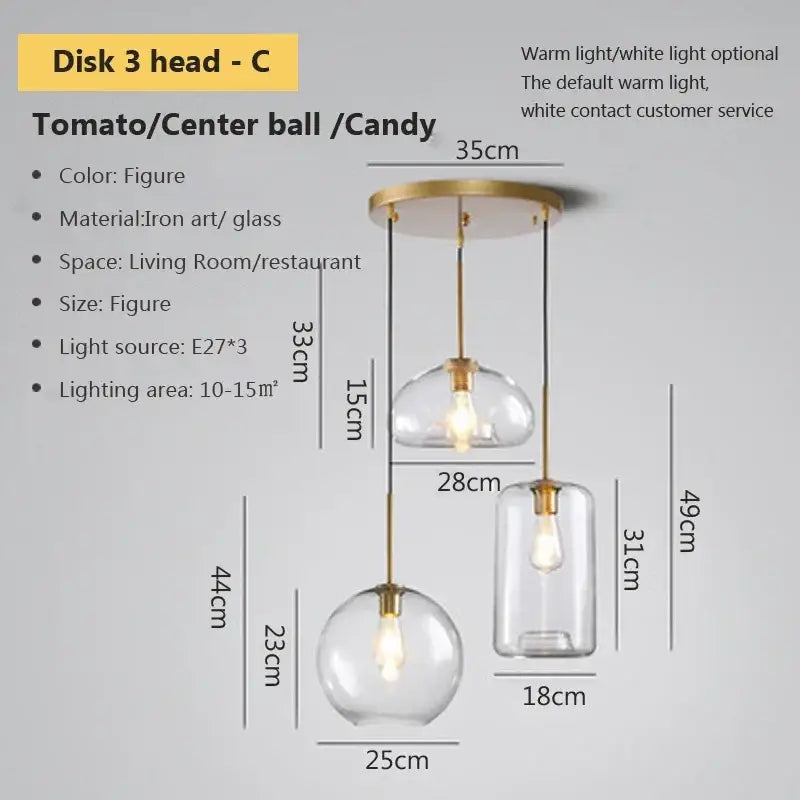 Industrial loft glass pendant light brass trio for dining room